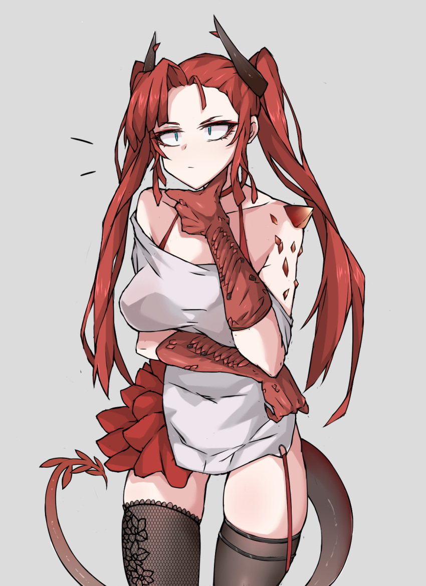 1girl animal_hands arknights black_legwear blue_eyes bra bra_strap breasts chin_stroking choker claws closed_mouth collarbone cowboy_shot dragon_horns dragon_tail grey_background highres horns large_breasts ldz-626 long_hair notice_lines off-shoulder_shirt off_shoulder red_bra red_choker redhead scales shirt short_sleeves simple_background skindentation solo symbol-only_commentary tail thigh-highs toddifons_(arknights) twintails underwear white_shirt