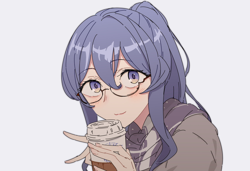 1girl blue_eyes blue_hair blue_scarf blush coffee_cup cup disposable_cup eyebrows_visible_through_hair glasses gotland_(kancolle) grey_background grey_shirt hair_between_eyes hair_bun highres holding holding_cup kantai_collection lolipaedq long_hair looking_at_viewer mole mole_under_eye scarf shirt simple_background solo