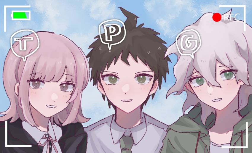 1girl 2boys bangs black_jacket blush brown_eyes brown_hair collared_shirt danganronpa_(series) danganronpa_2:_goodbye_despair dress_shirt eyebrows_visible_through_hair flipped_hair green_eyes green_neckwear grin hinata_hajime hood hood_down hooded_jacket hoodie jacket komaeda_nagito looking_at_viewer multiple_boys nanami_chiaki neck_ribbon necktie open_clothes open_jacket parted_lips pink_ribbon recording ribbon shirt short_hair smile teeth uyu_(uyuchaxx) white_shirt