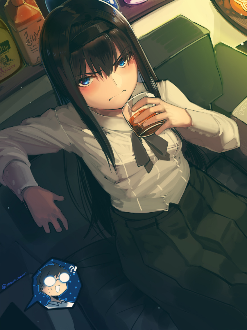 !? 1girl alcohol black_hair black_hairband black_neckwear black_ribbon black_skirt blue_eyes blush boa_(brianoa) closed_mouth couch cup drinking_glass dutch_angle frown glasses hairband highres holding holding_cup long_hair long_skirt long_sleeves looking_at_viewer neck_ribbon on_couch opaque_glasses out_of_frame pleated_skirt ribbon shirt sitting skirt solo_focus tohno_akiha tohno_shiki tsukihime twitter_username white_shirt
