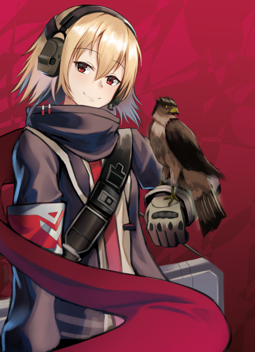 1girl bird bird_on_hand blonde_hair closed_mouth eyebrows_visible_through_hair feet_out_of_frame girls_frontline headphones highres jacket lodbyy looking_at_viewer medium_hair purple_jacket red_background red_eyes red_scarf scarf scw_(girls'_frontline) smile solo standing weapon_case