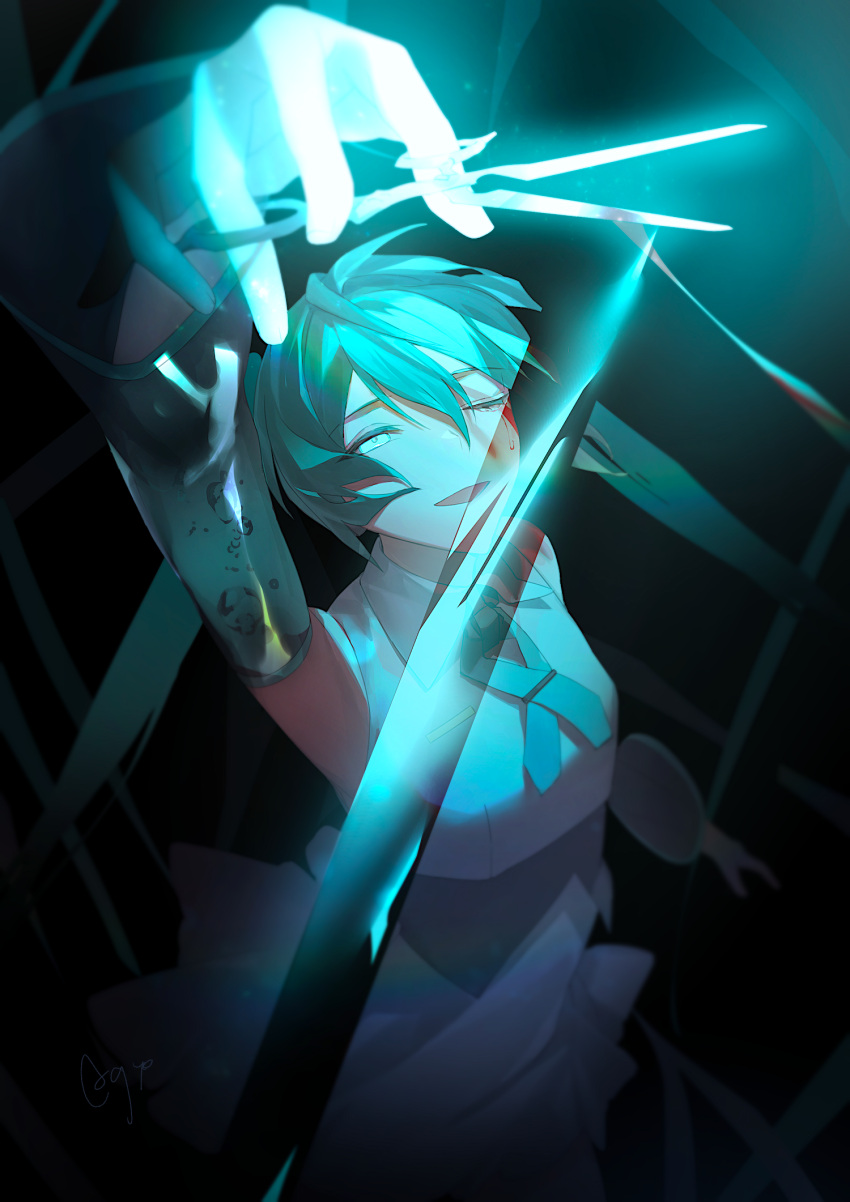 1girl agyou_sonokou_l aqua_eyes aqua_hair aqua_neckwear arm_up bare_shoulders black_background black_sleeves blood blood_on_face bubble commentary cutting detached_sleeves glowing half-closed_eye hatsune_miku highres holding holding_scissors long_hair looking_up necktie one_eye_closed open_mouth ribbon scissors shirt sleeveless sleeveless_shirt smile solo twintails very_long_hair vocaloid