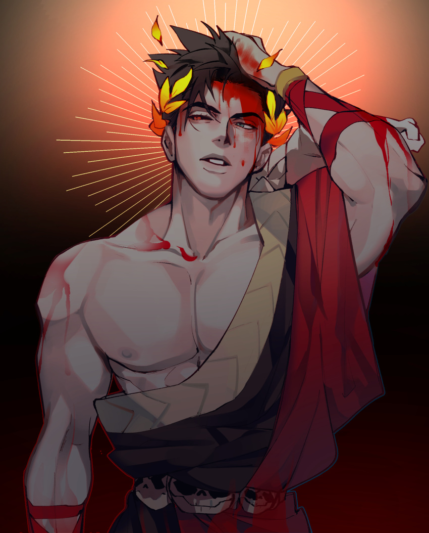 1boy absurdres bare_pectorals belt black_hair black_sclera blood blood_on_face bracelet chengzhineixihuanxiaogou colored_sclera gradient gradient_background greek_clothes green_eyes hades_(game) hand_on_own_head hand_up heterochromia highres jewelry laurel_crown male_focus nipples parted_lips pectorals red_eyes short_hair single_bare_shoulder skull solo teeth toned toned_male zagreus_(hades)