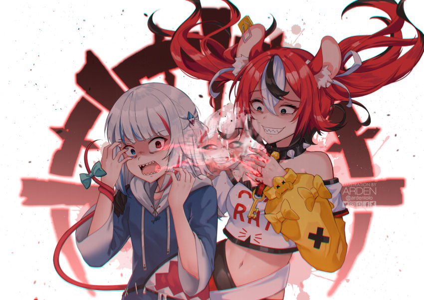 2girls affliction_(darkest_dungeon) animal_ear_fluff animal_ears ardenlolo arms_up artist_name bangs black_collar black_hair blue_eyes blue_hair blue_hoodie blue_nails clothes_writing collar corruption crop_top darkest_dungeon dice_hair_ornament drawstring eyebrows_visible_through_hair gawr_gura grin hair_between_eyes hair_ornament hair_ribbon hakos_baelz heterochromia hololive hololive_english hood hood_down hoodie long_hair long_sleeves midriff mouse_ears mouse_girl mouse_tail mousetrap multicolored multicolored_hair multicolored_nails multiple_girls nail_polish navel off-shoulder_shirt off_shoulder open_mouth puffy_long_sleeves puffy_sleeves red_eyes red_nails redhead reflect_(gawr_gura) ribbon shark_hair_ornament sharp_teeth shirt short_hair silver_hair smile spiked_collar spikes streaked_hair tail tail_wrap teeth twintails virtual_youtuber white_hair white_ribbon white_shirt