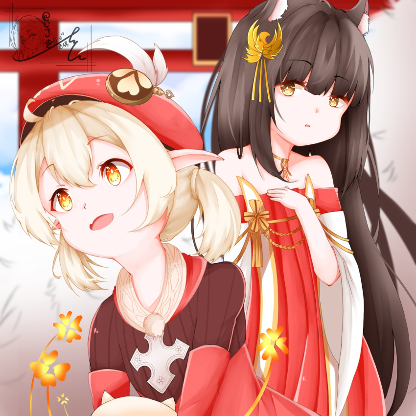 :d ahoge animal_ears azur_lane bangs bare_shoulders bent_over black_hair blunt_bangs brown_scarf cabbie_hat clover_print coat collarbone commentary_request crossover detached_sleeves dress eyebrows_visible_through_hair fox_ears genshin_impact hair_between_eyes hair_ornament hand_on_own_chest hat hat_feather hat_ornament highres iroki_(iroki1211) jewelry jumpy_dumpty klee_(genshin_impact) light_brown_hair long_hair long_sleeves looking_at_another looking_away low_twintails nagato_(azur_lane) necklace open_mouth orange_eyes parted_lips pointy_ears red_coat red_dress red_headwear scarf sidelocks signature smile torii twintails wide_sleeves yellow_eyes