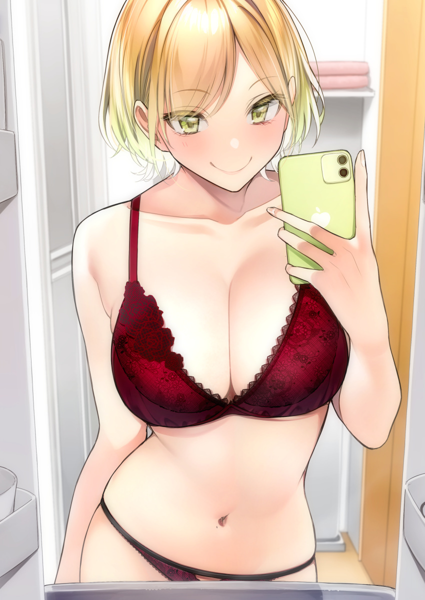 1girl absurdres blonde_hair bra breasts cellphone closed_mouth collarbone commentary_request eyebrows_visible_through_hair highres holding holding_phone large_breasts navel original panties phone red_bra red_panties rinku_(rin9) selfie smile solo underwear underwear_only yellow_eyes