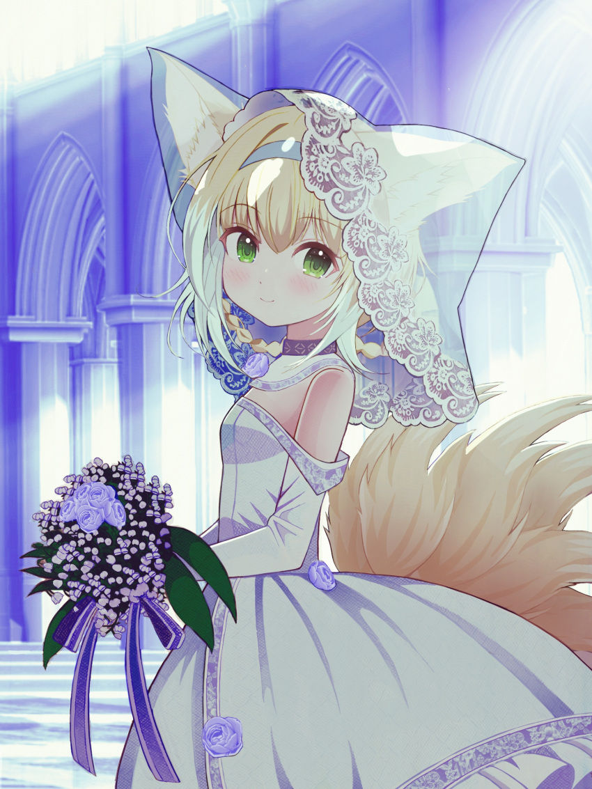 1girl animal_ears arknights black_collar blonde_hair blue_hairband blush bouquet bridal_veil collar commission dress eyebrows_visible_through_hair flower fox_ears fox_girl fox_tail from_side green_eyes hairband highres holding holding_bouquet indoors infection_monitor_(arknights) kitsune kyuubi looking_at_viewer mikoko1 multicolored_hair multiple_tails off-shoulder_dress off_shoulder purple_flower skeb_commission smile solo streaked_hair suzuran_(arknights) tail veil wedding_dress white_hair