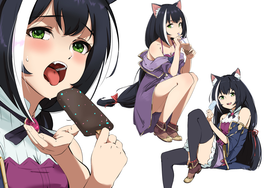 1girl animal_ear_fluff animal_ears bikini black_bikini black_hair black_kimono blue_sleeves bubble_tea cat_ears cat_girl cat_tail detached_sleeves dress eating fang food green_eyes hair_bun highres ice_cream innertube_with_ears jacket japanese_clothes karyl_(princess_connect!) kimono low_twintails mikuchi_sunkuo multicolored_hair open_clothes open_shorts princess_connect! purple_jacket shorts sitting sleeveless sleeveless_dress solo streaked_hair swimsuit tail thigh-highs tongue tongue_out twintails white_background white_hair