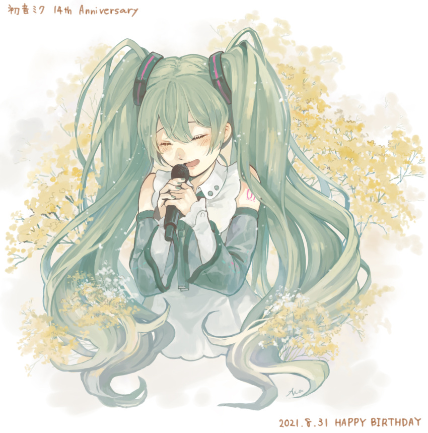 1girl anniversary aqua_hair aqua_nails aqua_neckwear aria_(soranoki) bare_shoulders black_sleeves character_name closed_eyes commentary cropped_torso dated detached_sleeves flower hair_ornament happy_birthday hatsune_miku hatsune_miku_(nt) highres holding holding_microphone layered_sleeves long_hair microphone nail_polish neck_ribbon open_mouth piapro ribbon shirt shoulder_tattoo sleeveless sleeveless_shirt smile solo tattoo twintails upper_body very_long_hair vocaloid white_shirt white_sleeves yellow_flower