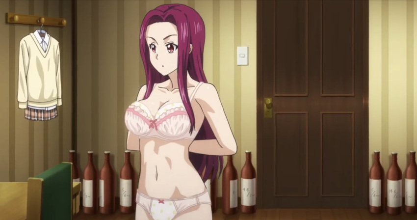 1girl arms_behind_back bottle bow bow_panties bra breasts changing_clothes highres large_breasts lingerie long_hair midriff navel panties pink_bra pink_panties purple_hair sakaki_ryouko screencap shokugeki_no_souma solo tootsuki_saryou_ryouri_gakuen_uniform underwear violet_eyes