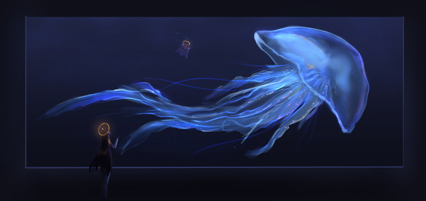 1girl absurdres air_bubble animal aquarium black_gloves blue_theme bubble fish gloves halo hand_up highres hololive hololive_english jack9614 jellyfish long_hair looking_at_animal ninomae_ina'nis purple_hair submerged takodachi_(ninomae_ina'nis) tentacles underwater very_long_hair virtual_youtuber water