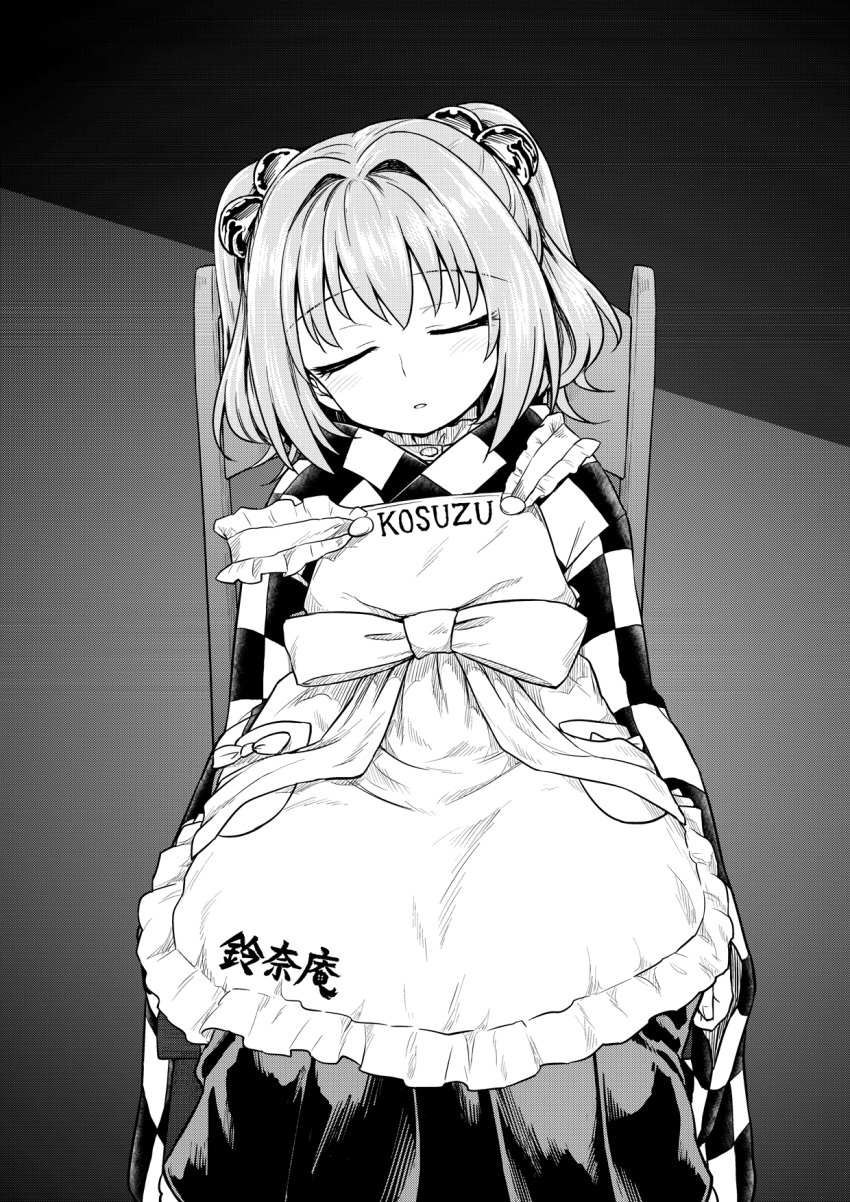 1girl apron bell blush closed_eyes facing_viewer greyscale hair_bell hair_ornament head_tilt highres itou_yuuji japanese_clothes jingle_bell kimono monochrome motoori_kosuzu on_chair parted_lips sitting sleeping solo touhou two_side_up