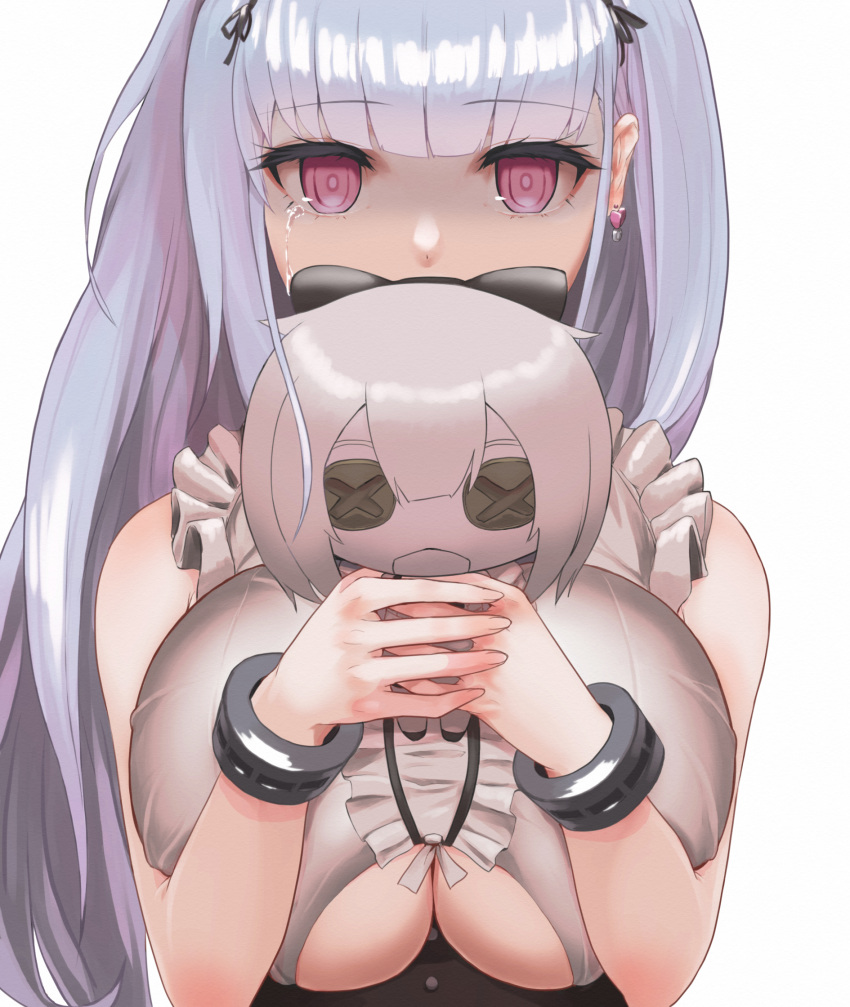 1girl azur_lane bangs blunt_bangs breasts clothing_cutout commentary_request covered_mouth crying crying_with_eyes_open dido_(azur_lane) doll earrings eyebrows_visible_through_hair frilled_shirt frills highres holding holding_doll jewelry large_breasts long_hair pink_eyes shirt silver_hair simple_background sirius_(azur_lane) sleeveless solo tears under_boob underboob_cutout upper_body white_background wrist_cuffs yyyaa