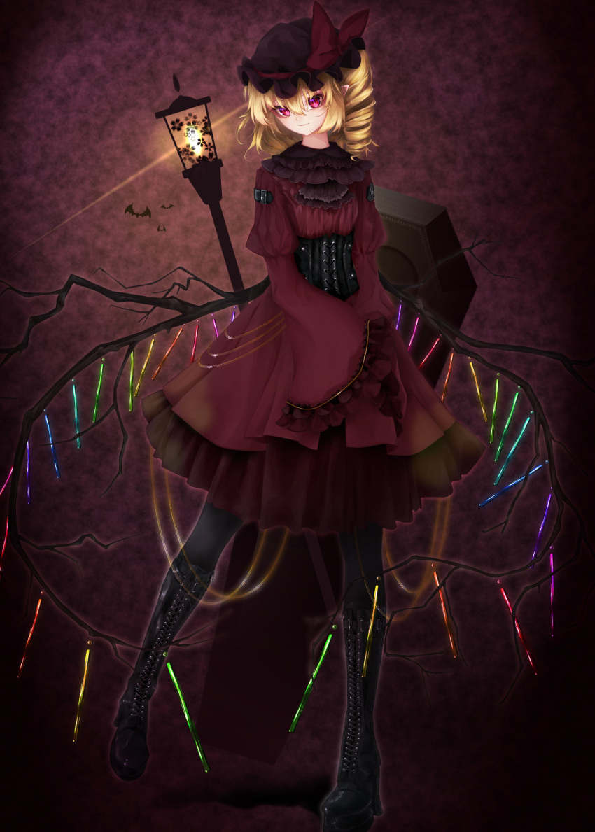 1girl absurdres alternate_costume ascot bat black_legwear blonde_hair boots breasts coffin corset cross-laced_footwear drill_hair eyebrows_visible_through_hair flandre_scarlet hair_between_eyes hat hat_ribbon highres juliet_sleeves lantern long_sleeves mizuhichi mob_cap pointy_ears puffy_sleeves red_eyes ribbon side_ponytail small_breasts solo thigh-highs thigh_boots touhou wide_sleeves wings