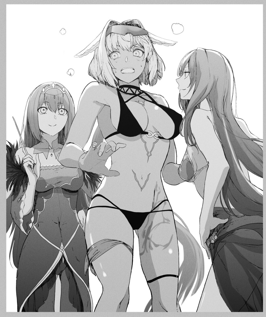 3girls bent_over bikini black_bikini body_markings caenis_(swimsuit_rider)_(fate) dress eyewear_on_head fate/grand_order fate_(series) feather_trim fur-trimmed_dress fur_trim greyscale hands_up headpiece highres looking_at_another monochrome multiple_girls navel nervous sarong scathach_(fate)_(all) scathach_(swimsuit_assassin)_(fate) scathach_skadi_(fate) smile sunglasses swimsuit syatey tiara wand