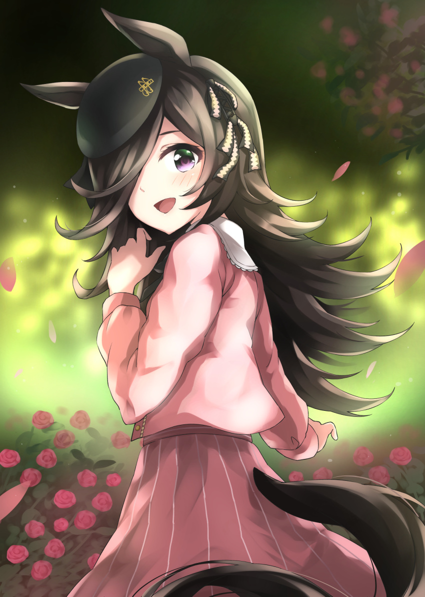 1girl :d animal_ears bangs beret black_hair black_headwear blush commentary_request flower hair_over_one_eye hand_up hat highres horse_ears horse_girl horse_tail jacket long_hair long_sleeves looking_at_viewer looking_to_the_side open_mouth petals pink_flower pink_jacket pink_rose pink_skirt raidensan rice_shower_(umamusume) rose skirt smile solo tail umamusume very_long_hair violet_eyes