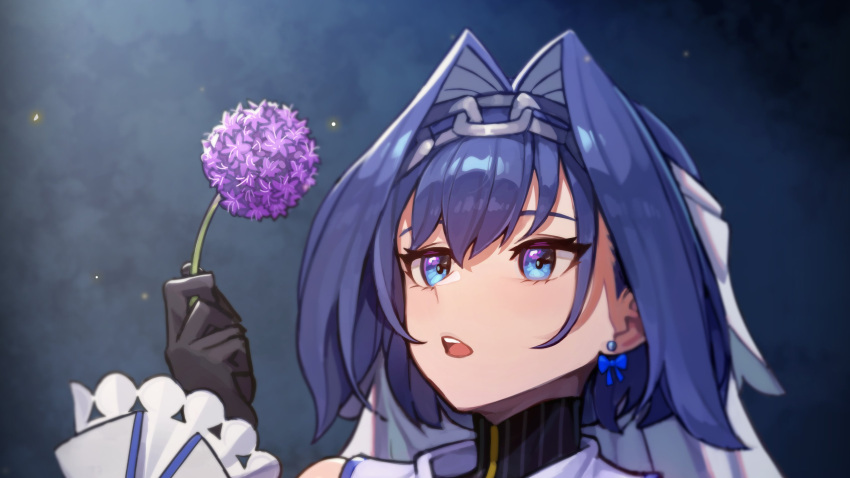 1girl absurdres bangs blue_bow blue_eyes blue_hair bow bow_earrings chain earrings eyebrows_behind_hair flower highres holding holding_flower hololive hololive_english jewelry open_mouth ouro_kronii portrait purple_flower short_hair solo stoll_(tmxhf) virtual_youtuber