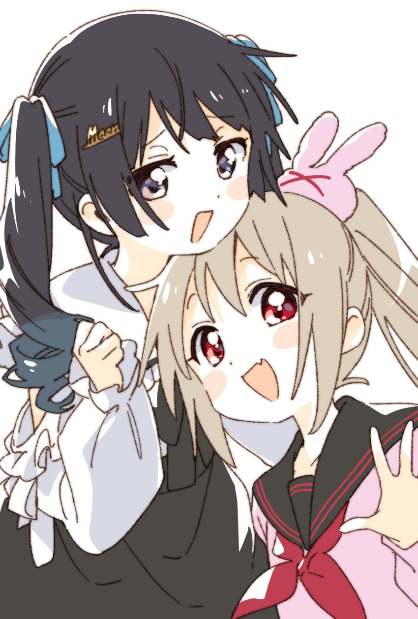 2girls alternate_hairstyle bangs black_hair blush bow bunny_hair_ornament eyebrows_visible_through_hair fang hair_ornament hairclip highres light_brown_hair long_hair looking_at_viewer multiple_girls namori natori_sana nijisanji open_mouth ponytail red_eyes sana_channel simple_background smile tsukino_mito twintails two_side_up virtual_youtuber white_background