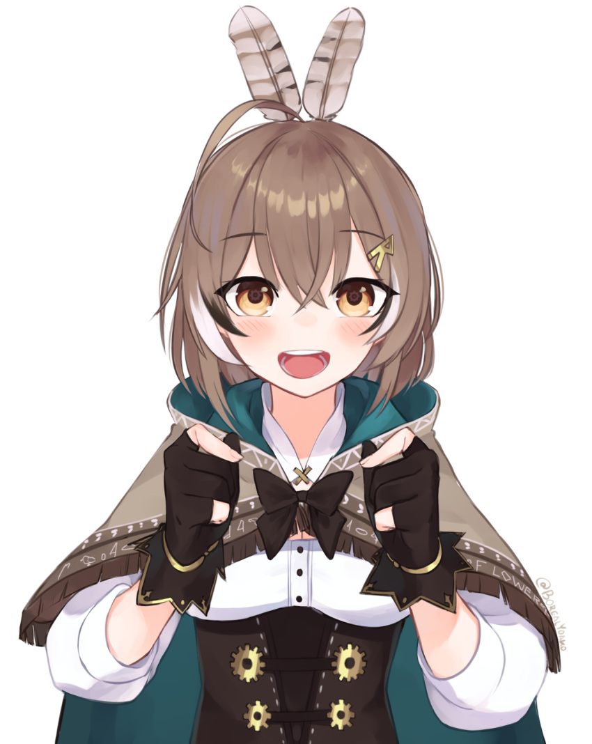 1girl :d ahoge blue_cape blush bow bowtie brown_bow brown_cape brown_eyes brown_gloves brown_hair brown_neckwear cape feather_hair_ornament feathers gloves hair_between_eyes hair_ornament hairclip hands_up highres hololive looking_at_viewer nanashi_mumei open_mouth partially_fingerless_gloves runes simple_background smile solo twitter_username two-sided_cape two-sided_fabric upper_body white_background yoako