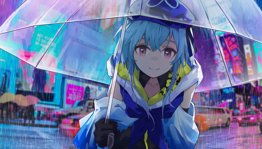 1boy absurdres arknights black_gloves black_shirt blue_hair blue_headwear blue_neckwear car city collarbone elbow_gloves gloves ground_vehicle hat highres holding holding_umbrella kirsen leaning_forward long_hair male_focus mizuki_(arknights) motor_vehicle neckerchief off_shoulder otoko_no_ko outdoors people pink_eyes rain shirt sidelocks smile solo_focus transparent transparent_umbrella umbrella upper_body