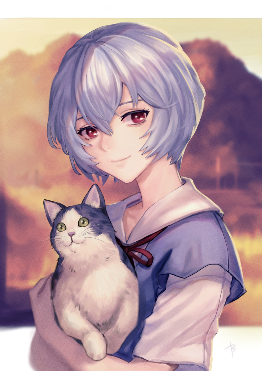 1girl absurdres animal ayanami_rei backlighting bangs blurry blurry_background bryanth cat closed_mouth depth_of_field highres holding holding_animal holding_cat huge_filesize looking_at_viewer neon_genesis_evangelion outdoors outside_border purple_hair red_eyes red_ribbon ribbon school_uniform short_hair short_sleeves smile solo sunlight