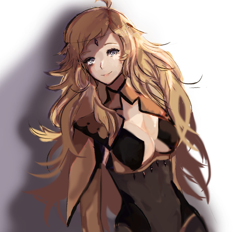 1girl ahoge bangs blonde_hair bodystocking breasts cape circlet closed_mouth covered_navel fire_emblem fire_emblem_fates grey_eyes highres lazeuli long_hair looking_at_viewer medium_breasts ophelia_(fire_emblem) turtleneck upper_body