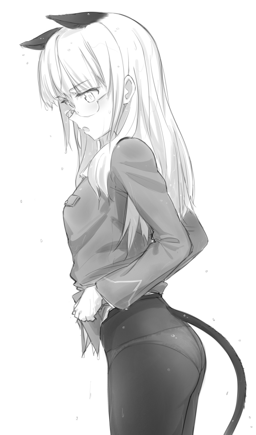 1girl absurdres animal_ears blush breast_press cat_ears cat_tail content_rating cowboy_shot fankupl from_side greyscale highres long_hair long_sleeves monochrome open_mouth panties panties_under_pantyhose pantyhose perrine_h._clostermann profile semi-rimless_eyewear solo strike_witches tail under-rim_eyewear underwear wet white_background white_panties world_witches_series