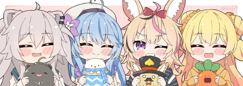 ahoge animal_ears bangs blonde_hair closed_eyes commentary_request daifuku_(yukihana_lamy) double_bun eyebrows_visible_through_hair fox_ears fox_girl hair_ornament heart_ahoge highres holding hololive kukie-nyan looking_at_viewer momosuzu_nene nekko_(momosuzu_nene) nepolabo omaru_polka one_eye_closed open_mouth shishiro_botan smile ssrb twitter_username violet_eyes virtual_youtuber yukihana_lamy zain_(omaru_polka)