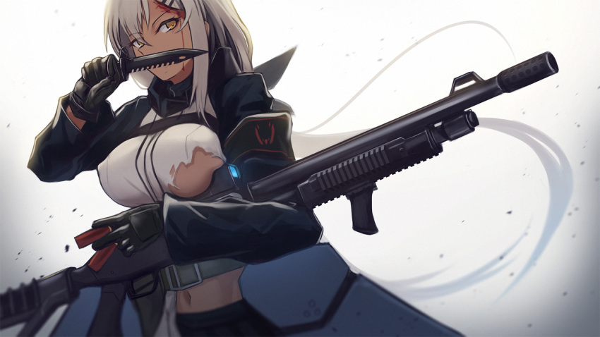 1girl black_gloves black_skirt blood blood_on_face breasts dark_skin eyebrows_visible_through_hair girls_frontline gloves gun hair_ornament hairclip holding holding_knife holding_weapon jacket knife large_breasts light_brown_eyes lodbyy long_hair looking_at_viewer looking_away m590_(girls'_frontline) navel shirt shotgun silver_hair simple_background skirt solo standing torn_clothes torn_shirt weapon white_shirt