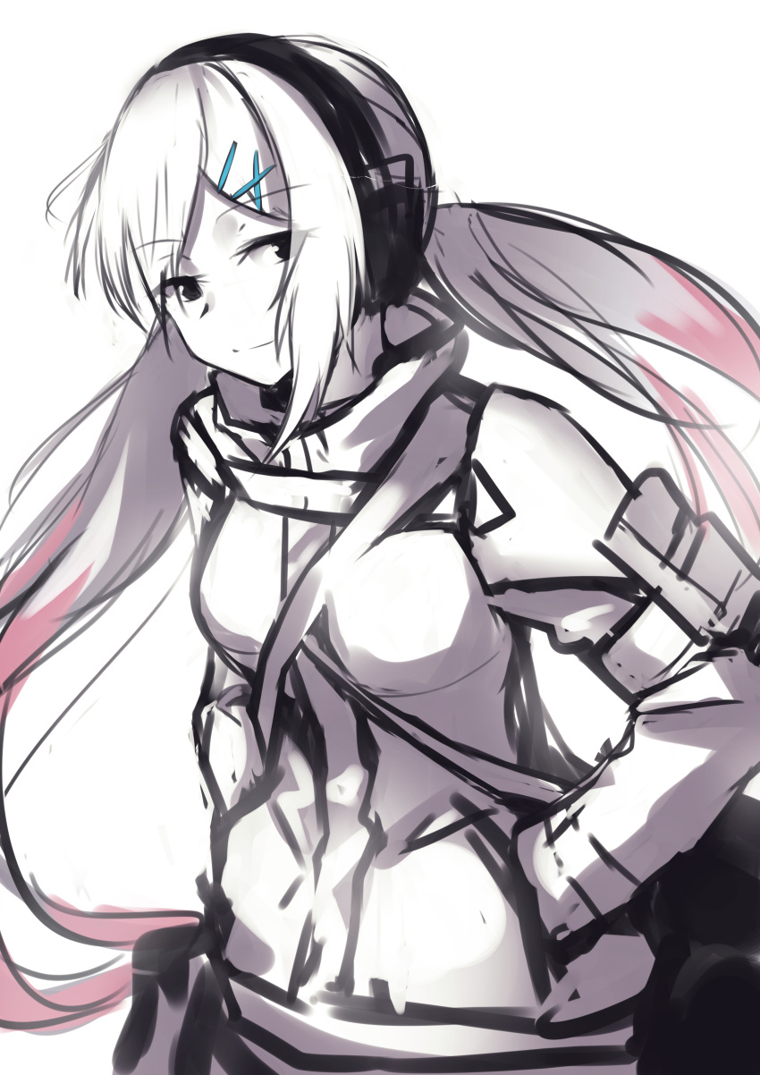 1girl absurdres breasts character_request closed_mouth eyebrows_visible_through_hair feet_out_of_frame girls_frontline greyscale hair_ornament hairclip hands_in_pockets headphones highres jacket lodbyy long_hair looking_at_viewer low_twintails monochrome multicolored_hair solo standing twintails very_long_hair white_background