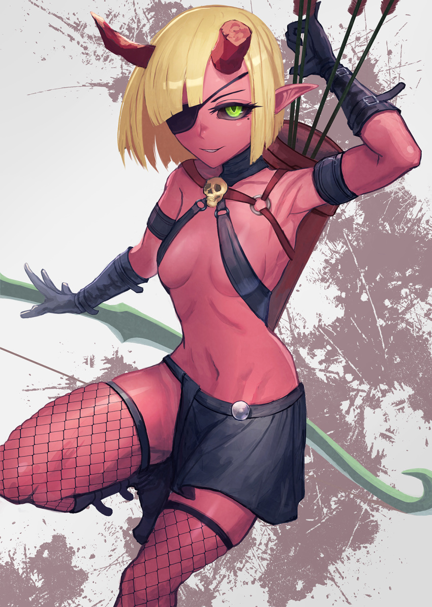 1girl armpits arrow_(projectile) bangs black_footwear black_gloves black_sclera black_skirt blonde_hair bob_cut bow_(weapon) breasts broken_horn colored_sclera colored_skin diagonal_bangs eyepatch fishnet_legwear fishnets gino gloves green_eyes hand_up highres holding holding_arrow horns looking_at_viewer medium_breasts medium_hair miniskirt navel one_eye_covered original parted_lips pointy_ears quiver red_skin skirt skull smile solo standing standing_on_one_leg stomach thigh-highs weapon