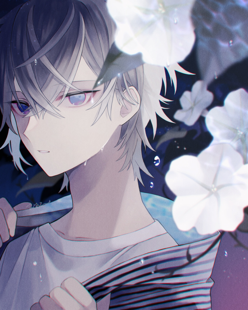 1boy blue_eyes droplets flower grey_hair hair_between_eyes highres holding holding_clothes leaf liquid_clothes looking_at_viewer male_focus muon original shirt shirt_grab solo summer water white_flower white_shirt