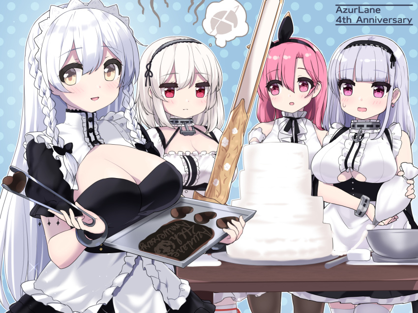4girls azur_lane black_bow black_prince_(azur_lane) bow braid breasts cake candy chocolate chocolate_heart choker clothing_cutout cross_hair_ornament dido_(azur_lane) food frilled_choker frills hair_ornament heart hermione_(azur_lane) highres ktsecond lace-trimmed_hairband lace_trim large_breasts light_brown_eyes looking_at_viewer low_tied_hair maid multiple_girls pink_hair red_eyes royal_navy_(emblem) short_hair sirius_(azur_lane) smile sword twin_braids under_boob underboob_cutout violet_eyes weapon white_hair