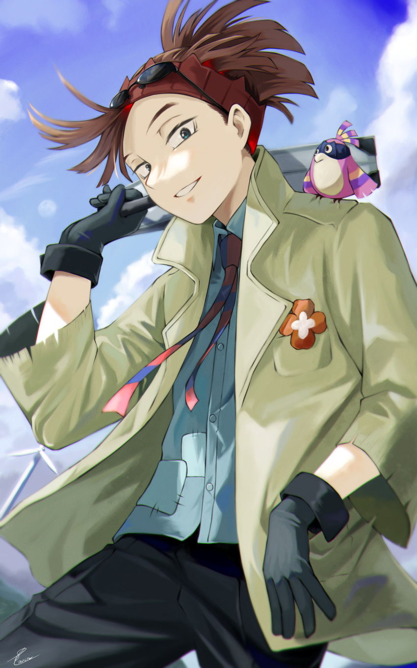 1boy :d absurdres animal_on_shoulder bangs bird bird_on_shoulder black_gloves black_pants blue_neckwear blue_shirt boku_no_hero_academia brown_hair brown_jacket commentary_request cowboy_shot day dress_shirt fengling_(furin-jp) gloves hand_up highres holding jacket long_sleeves looking_at_viewer male_focus necktie open_clothes open_jacket open_mouth outdoors pants pino_(boku_no_hero_academia) red_neckwear rody_soul shirt short_hair signature smile sunglasses teeth