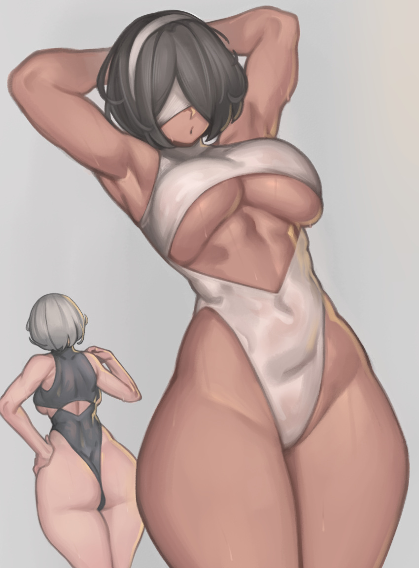 2girls absurdres alternate_breast_size armpits arms_behind_head ass back-to-back back_cutout backboob black_hair black_leotard blindfold breasts center_opening clothing_cutout covered_eyes curvy dark-skinned_female dark_skin dual_persona final_fantasy final_fantasy_xiv grey_background grey_hair grey_hairband grey_leotard hair_over_one_eye hairband hand_on_hip highres kelvin_hiu large_breasts leotard multiple_girls nier_(series) nier_automata palette_swap revealing_clothes short_hair solo_focus soulcalibur soulcalibur_vi standing sweat thick_thighs thighs thong_leotard under_boob yorha_no._2_type_b yorha_type_p_no._2