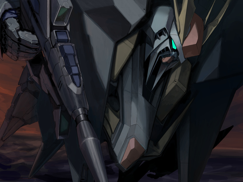 close-up commentary flying green_eyes gun gundam gundam_hathaway's_flash highres holding holding_gun holding_weapon mecha mobile_suit no_humans orrdriver science_fiction solo sunset v-fin weapon xi_gundam