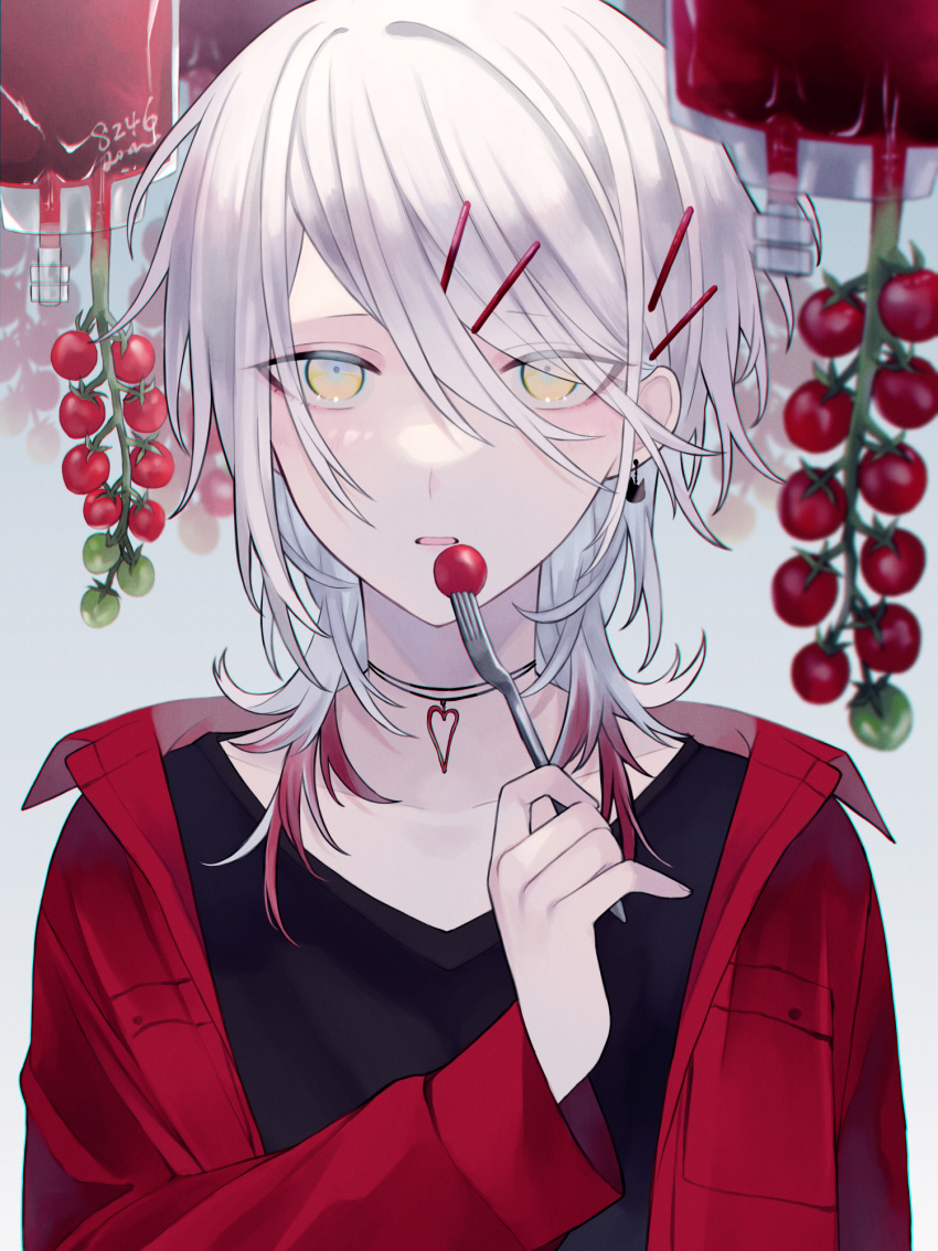 1boy blood blood_bag fork gradient_hair grey_hair hair_ornament hairclip heart highres holding holding_fork jacket jewelry male_focus multicolored_hair muon necklace open_mouth original red_jacket solo tomato two-tone_hair white_hair yellow_eyes