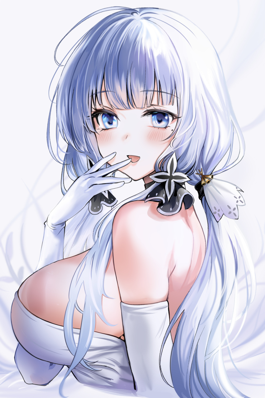 1girl absurdres ahoge azur_lane back bangs bare_shoulders blue_eyes blush breasts dress elbow_gloves eyebrows_visible_through_hair finger_to_mouth from_side gloves highres illustrious_(azur_lane) large_breasts long_hair looking_at_viewer mole mole_under_eye sideboob strapless strapless_dress tri_tails white_background white_dress white_gloves white_hair yuki_(asayuki101)