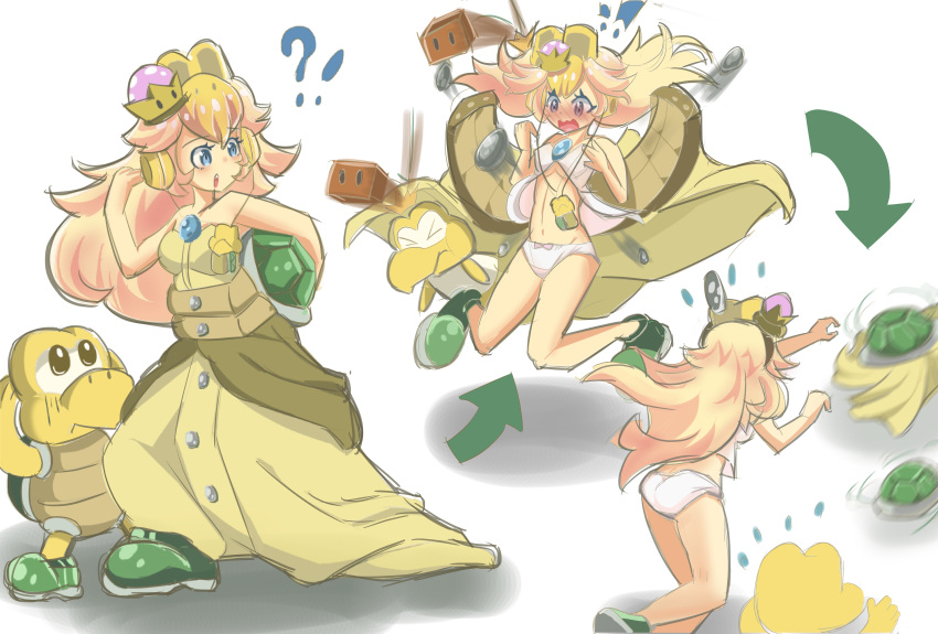 !? 1girl ^^^ absurdres arrow_(symbol) blonde_hair blue_eyes blues_(artist) blush bowsette dress full_body genderswap genderswap_(mtf) highres jumping koopa_troopa panties simple_background super_crown super_mario_bros. sweatdrop turtle underwear white_background white_panties yellow_dress