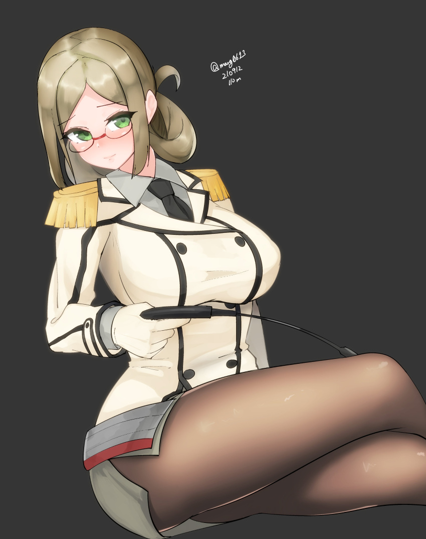 1girl absurdres bangs beige_jacket black_neckwear breasts brown_hair brown_legwear buttons collared_shirt cowboy_shot dated double-breasted epaulettes folded_ponytail glasses gloves green_eyes grey_background grey_skirt highres invisible_chair kantai_collection katori_(kancolle) large_breasts long_hair maru_(marg0613) military military_uniform necktie one-hour_drawing_challenge pantyhose parted_bangs pencil_skirt riding_crop rimless_eyewear shirt simple_background sitting skirt solo twitter_username uniform white_gloves