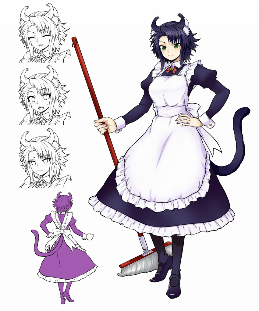 1girl animal_ear_fluff animal_ears apron black_legwear blush brooch broom cat_ears cat_tail closed_mouth dress expressions green_eyes hand_on_hip highres holding holding_broom itou_yuuji jewelry juliet_sleeves long_sleeves looking_at_viewer original pantyhose puffy_sleeves purple_dress purple_footwear shoes short_hair simple_background smile tail white_apron white_background wing_collar wrist_cuffs