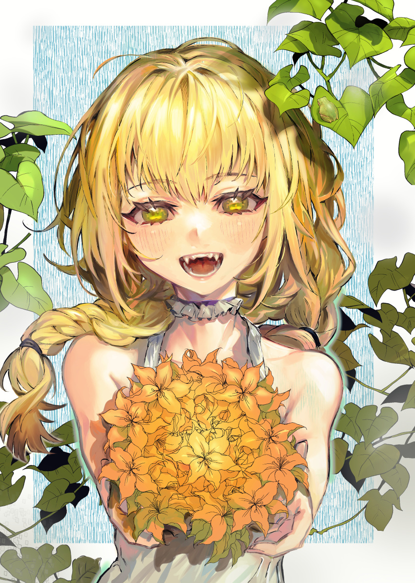 1girl absurdres bangs bare_shoulders blonde_hair bouquet braid collar commentary dress fangs flower frilled_collar frills frog green_eyes highres holding holding_bouquet leaf long_hair looking_at_viewer maido_mido open_mouth original solo sundress upper_body white_dress