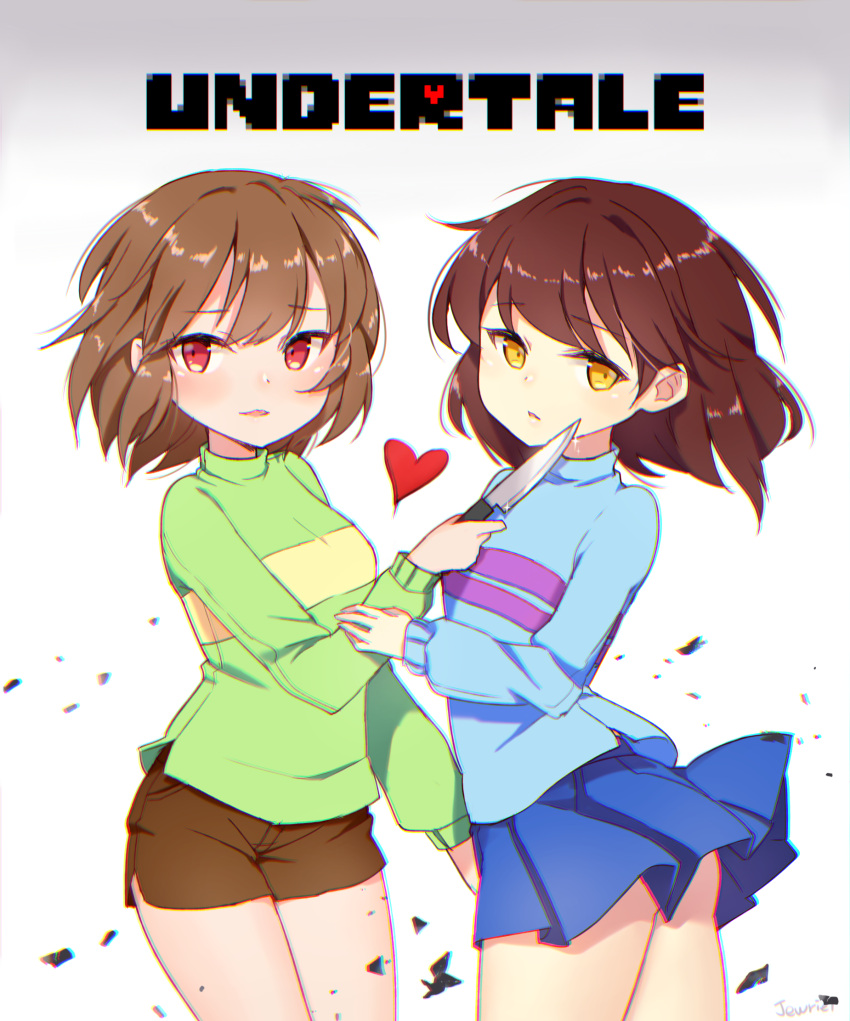 2girls ass bangs bare_thighs blonde_hair blue_miniskirt blue_shirt blue_skirt breasts brown_hair brown_micro_shorts brown_shorts chara_(undertale) closed_mouth cowboy_shot double_horizontal_stripe double_stripe ears ears_visible_through_hair eyebrows eyebrows_visible_through_hair feet_out_of_frame female_ass frisk_(undertale) goyain gradient gradient_background green_shirt hair_between_eyes heart highres holding holding_hands holding_knife holding_weapon horizontal_stripes inner_miniskirt knife legs legs_together long_bangs long_sleeved_shirt long_sleeves looking_at_viewer micro_shorts miniskirt multiple_girls no_panties open_eyes open_mouth pleated_miniskirt pleated_skirt purple_stripe red_eyes shirt shorts side_slit simple_background single_horizontal_stripe single_stripe skirt striped striped_shirt thighs thighs_together undertale vertical-striped_shirt vertical_stripes weapon white_background yellow_eyes yellow_stripe