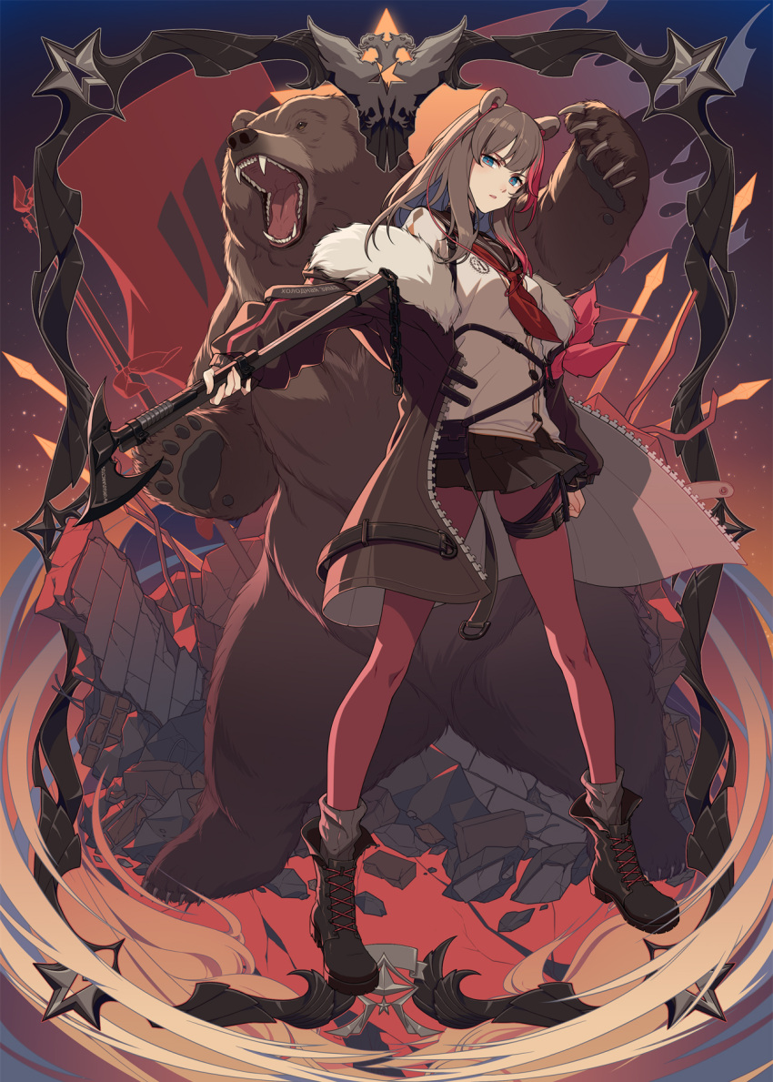 1girl animal_ears arknights armband axe bear bear_ears black_footwear black_skirt blue_eyes boots border breasts brown_coat brown_hair cai_mu_you chinese_commentary coat cross-laced_footwear earphones earphones full_body fur-trimmed_coat fur_trim gradient gradient_background grey_legwear hatchet highres holding holding_axe holding_hatchet looking_at_viewer medium_breasts medium_hair miniskirt multicolored_hair off_shoulder open_clothes open_coat orange_background pantyhose parted_lips pleated_skirt purple_background red_legwear red_neckwear red_pupils redhead ribbed_legwear rubble sailor_collar school_uniform serafuku shirt skirt socks socks_over_pantyhose solo standing strap streaked_hair two-tone_hair unzipped white_shirt zima_(arknights)