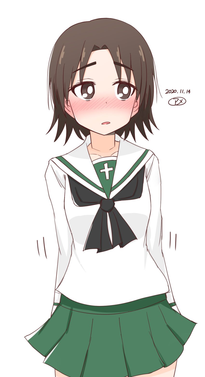 1girl ame_(amechan17391739) arms_behind_back artist_name bangs black_neckwear blouse blush bright_pupils brown_eyes brown_hair commentary dated eyebrows_visible_through_hair girls_und_panzer green_skirt highres light_frown long_sleeves looking_away miniskirt motion_lines neckerchief ooarai_school_uniform open_mouth parted_bangs pleated_skirt sailor_collar sawa_azusa school_uniform serafuku short_hair signature simple_background skirt solo standing white_background white_blouse white_pupils white_sailor_collar