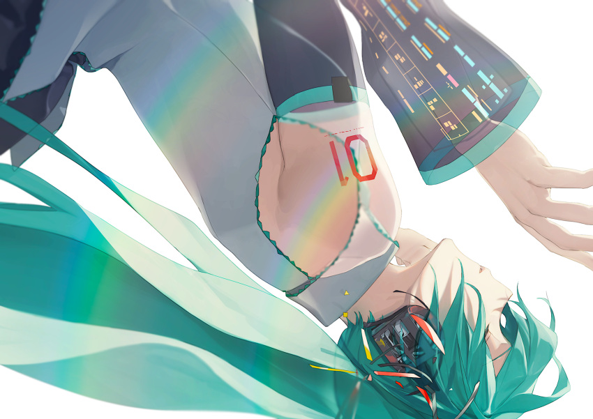1girl agyou_sonokou_l aqua_eyes aqua_hair bare_shoulders black_skirt black_sleeves closed_eyes commentary detached_sleeves grey_shirt hands_up hatsune_miku headphones highres long_hair parted_lips rainbow see-through_sleeves shirt shoulder_tattoo skirt sleeveless sleeveless_shirt solo tattoo twintails upper_body upside-down very_long_hair vocaloid white_background