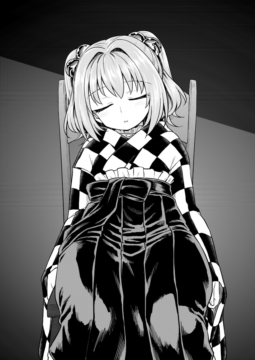 1girl bell blush closed_eyes facing_viewer greyscale hair_bell hair_ornament hakama hakama_skirt head_tilt highres itou_yuuji japanese_clothes jingle_bell kimono monochrome motoori_kosuzu on_chair parted_lips sitting skirt sleeping solo touhou two_side_up