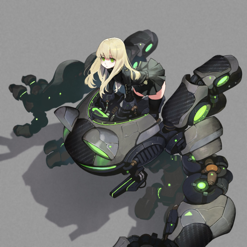 1girl belt black_dress black_legwear blonde_hair dress expressionless eyebrows_visible_through_hair frog glowing highres jun_(seojh1029) long_hair looking_at_viewer mecha original riding science_fiction solo symbol-only_commentary thigh-highs walker yellow_eyes