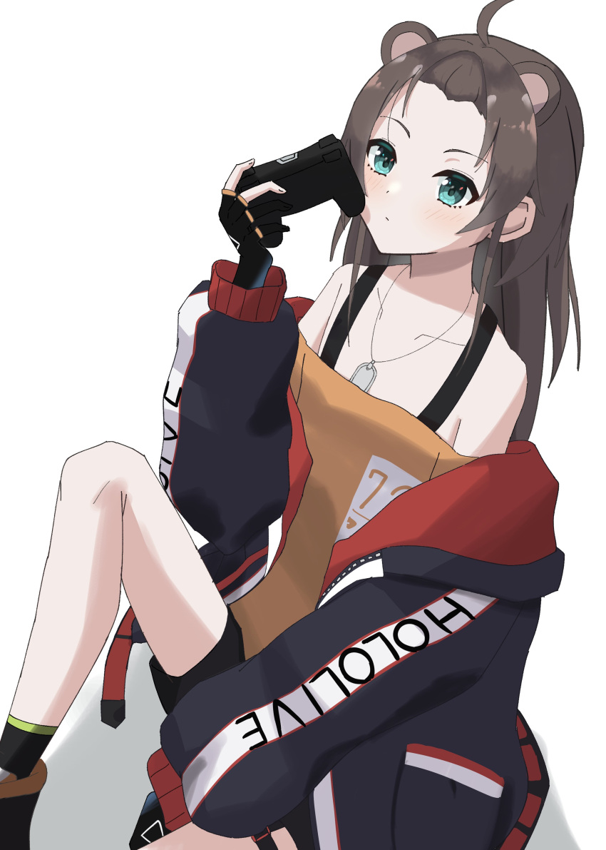 1girl absurdres ahoge animal_ears bangs bear_ears black_legwear black_shorts blue_eyes blue_jacket brown_hair closed_mouth controller dog_tags expressionless forehead game_controller gamepad gloves highres hololive jacket long_sleeves narumiru natsuiro_matsuri off-shoulder_shirt off_shoulder on_floor orange_shirt parted_bangs partially_fingerless_gloves shirt short_shorts shorts socks solo two-sided_fabric two-sided_jacket virtual_youtuber white_background