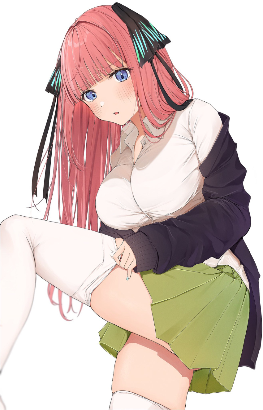 1girl black_jacket blue_eyes blush breasts collared_shirt cowboy_shot go-toubun_no_hanayome green_skirt hair_ornament hair_ribbon highres jacket large_breasts long_hair long_sleeves looking_at_viewer miniskirt nakano_nino open_mouth pink_hair pleated_skirt pulled_by_self pulling_off_legwear ribbon shirt skirt sleeves_past_wrists thigh-highs thighs uiri-na white_legwear white_shirt